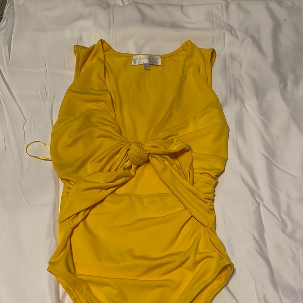 Deep V front tie yellow bodysuit